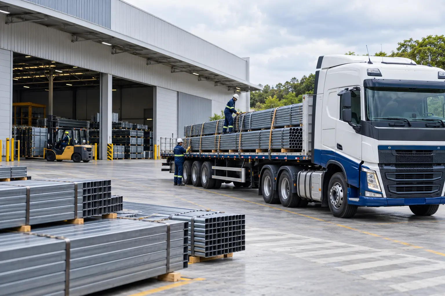 Operação logística de transporte de tubos de aço